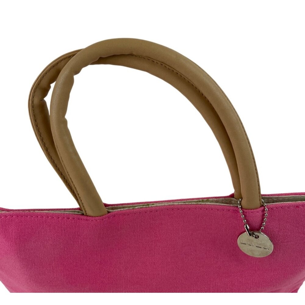 LuLu Pink Canvas & Faux Leather Tote Bag With Beige Handles - Picture 3 of 11